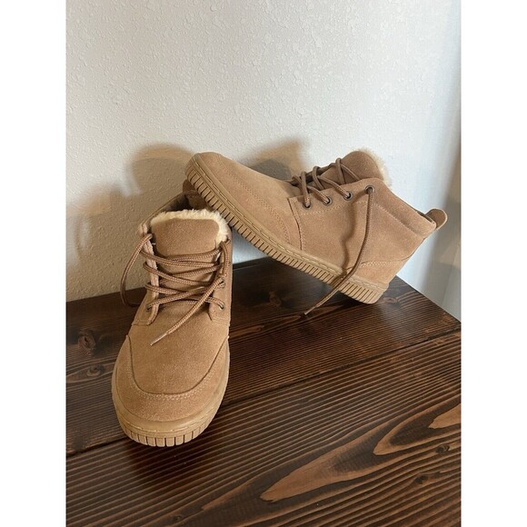 Vintage Suede Ankle Boots Camel Nubuck Sherpa Lined Booties Women's Size 8 - Picture 1 of 9